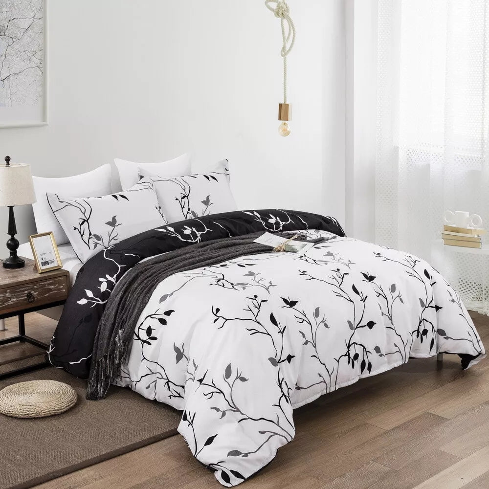 Black and White Floral Leaf Quilt Doona Duvet Cover Set - Duvet Cover Set