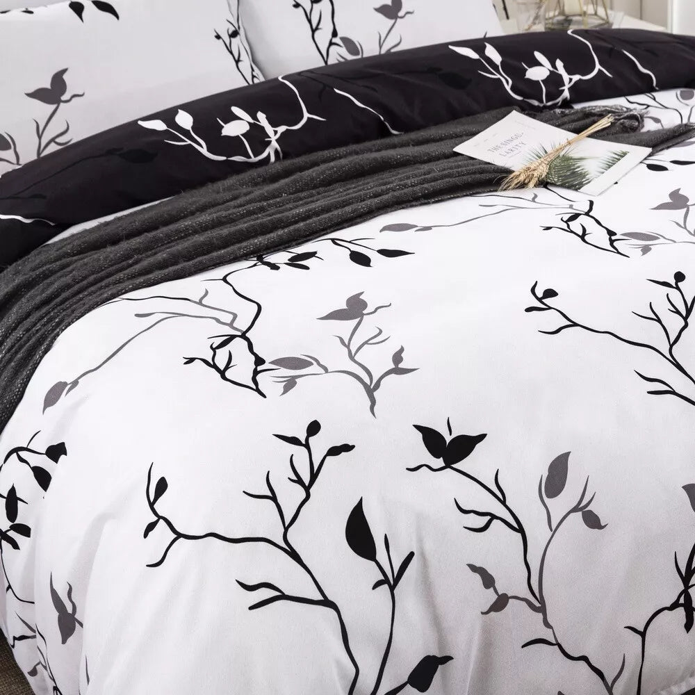 Black and White Floral Leaf Quilt Doona Duvet Cover Set - Duvet Cover Set