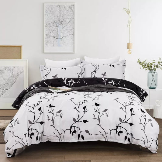 Black and White Floral Leaf Quilt Doona Duvet Cover Set - Duvet Cover Set