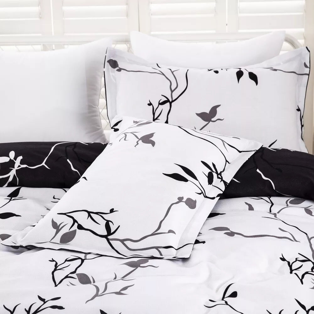 Black and White Floral Leaf Quilt Doona Duvet Cover Set - Duvet Cover Set