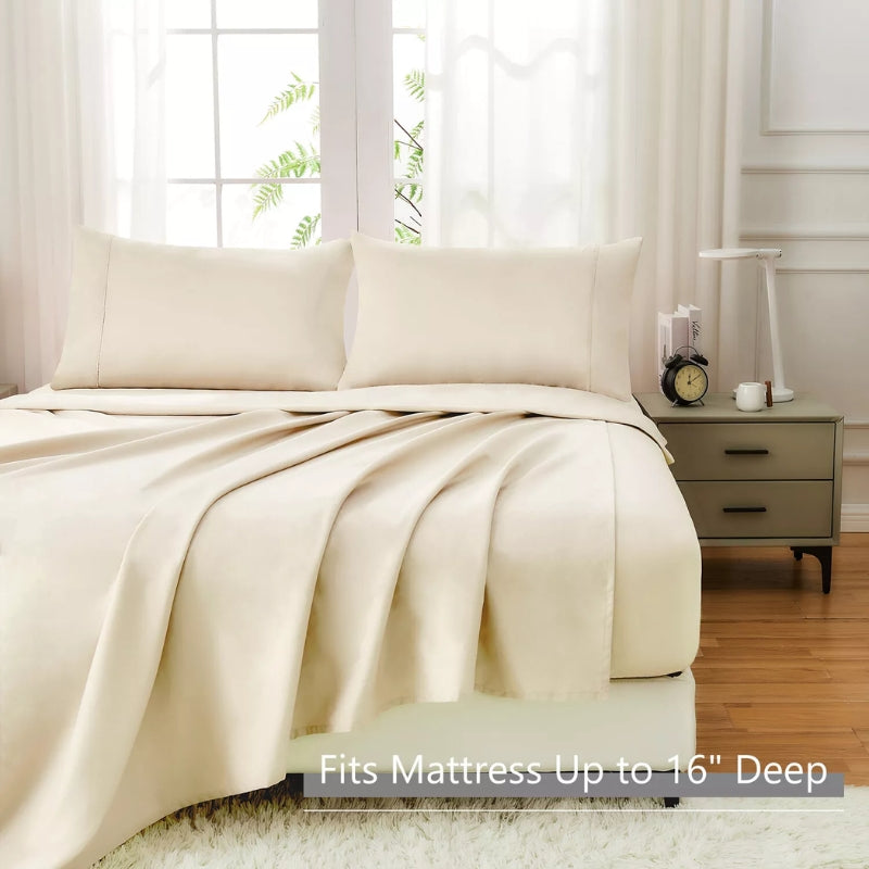 Cotton 4Pcs Flat Fitted Sheet Set Pillowcase Quilt Cover - Single / Cream - Bedding Sheet