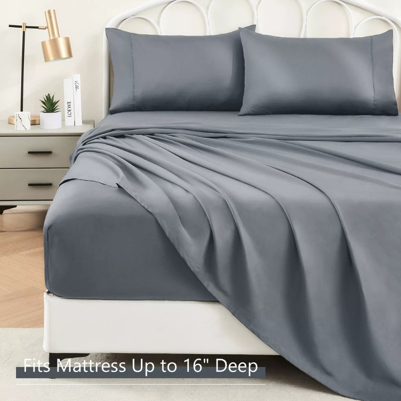 Cotton 4Pcs Flat Fitted Sheet Set Pillowcase Quilt Cover - Single / Gray - Bedding Sheet