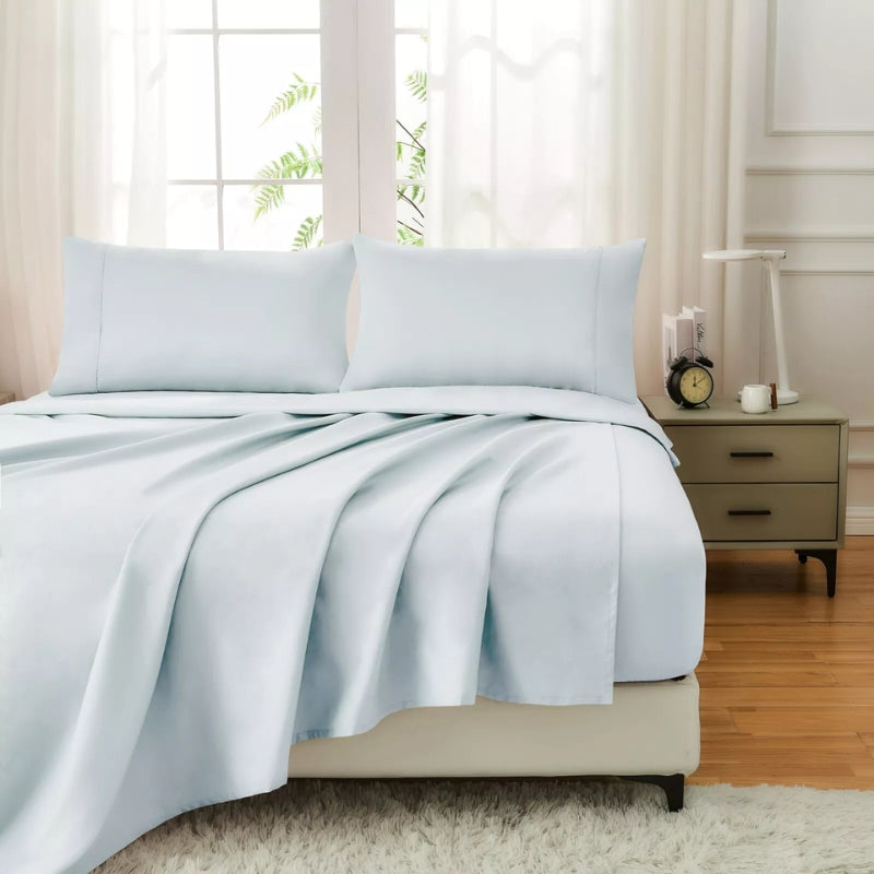 Cotton 4Pcs Flat Fitted Sheet Set Pillowcase Quilt Cover - Single / Light Blue - Bedding Sheet