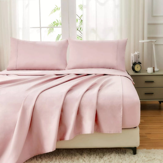 Cotton 4Pcs Flat Fitted Sheet Set Pillowcase Quilt Cover - Single / Pink - Bedding Sheet