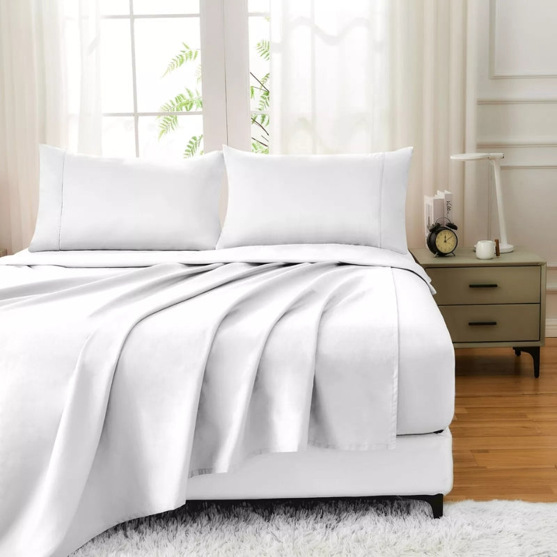 Cotton 4Pcs Flat Fitted Sheet Set Pillowcase Quilt Cover - Single / White - Bedding Sheet
